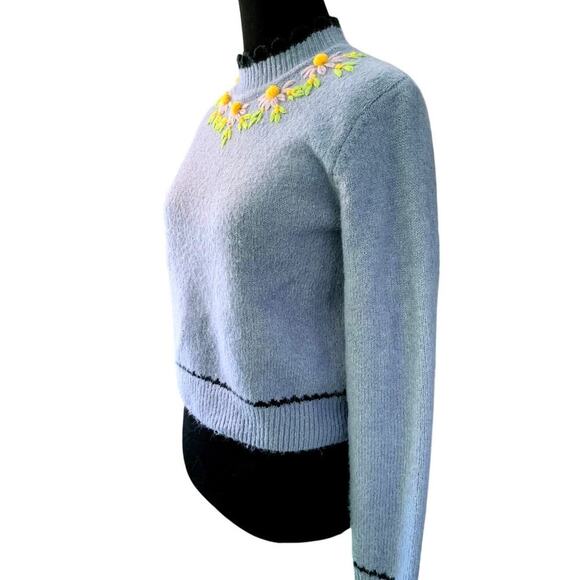 Zara Zara Blue Long Sleeve Sweater Colorful Embroidered Floral Detail Size Small - Picture 7 of 7